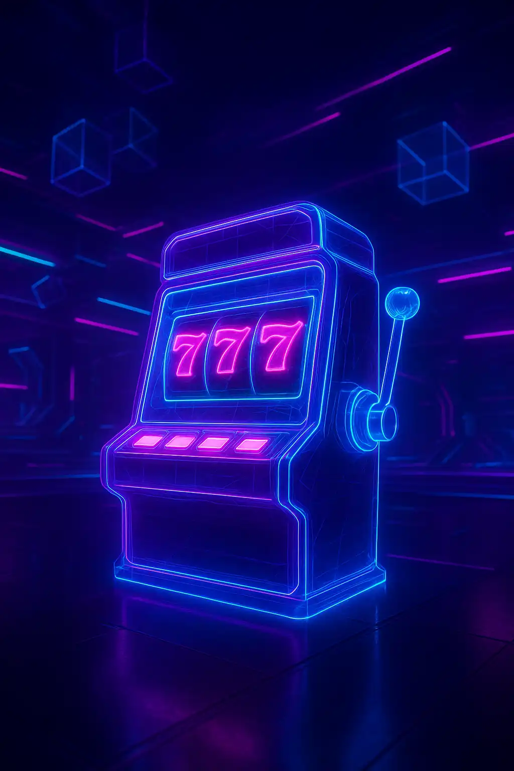 Holographic slot machine glowing on a futuristic casino floor